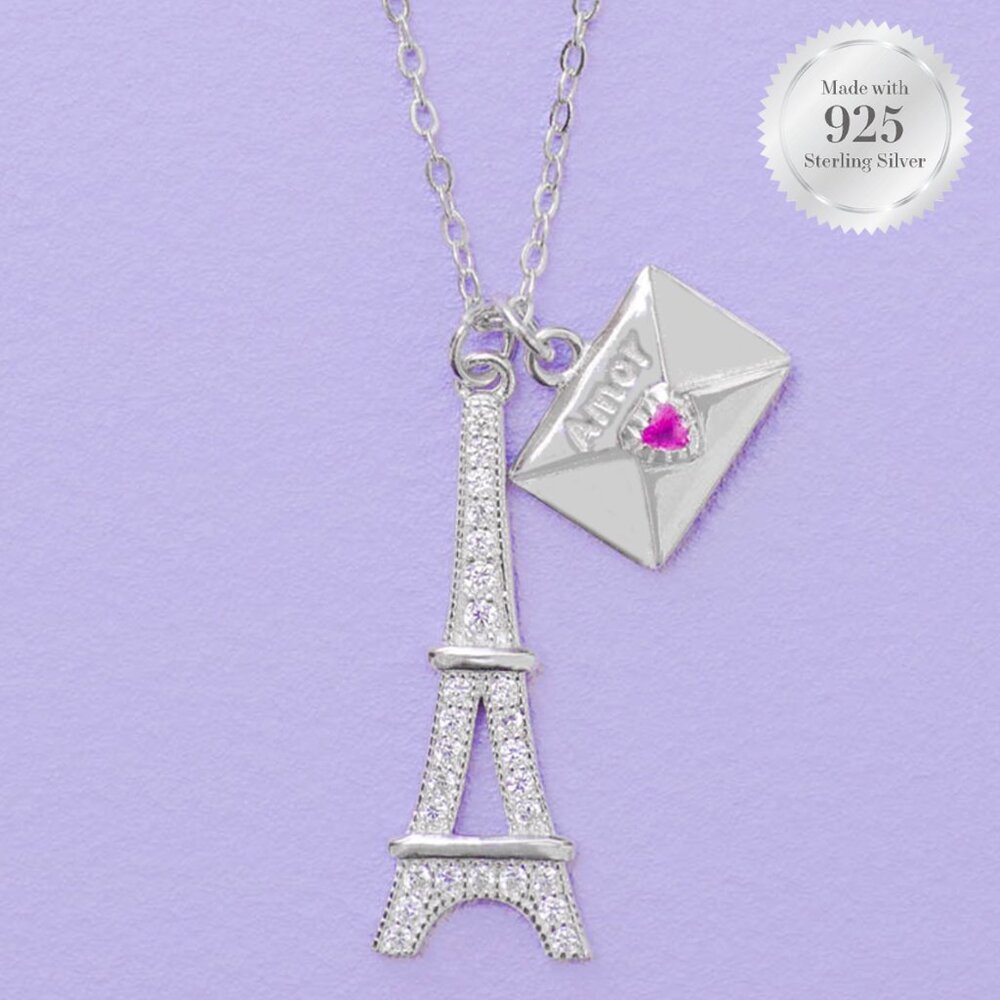 Paris Eiffel Tower and Amour Love Letter Necklace, 925 Sterling Silver